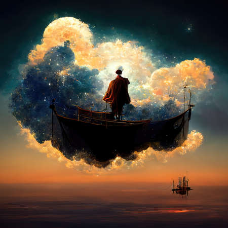 Digital art of magician with cowl in a boat, 3d illustrationの素材