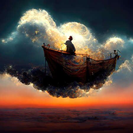 Digital art of magician with cowl in a boat, 3d illustrationの素材