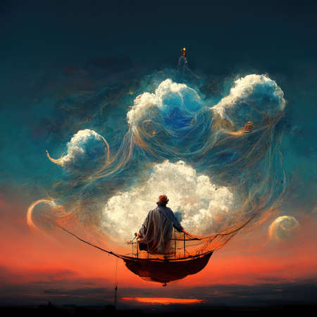 Digital art of magician with cowl in a boat, 3d illustrationの素材