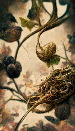 Digital art of dried seeds with vines, 3d Illustrationの素材