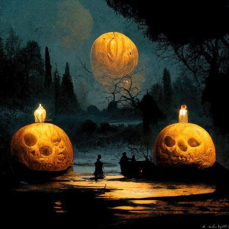 Pumpkins in the graveyard, spooky night, 3d Illustrationの素材