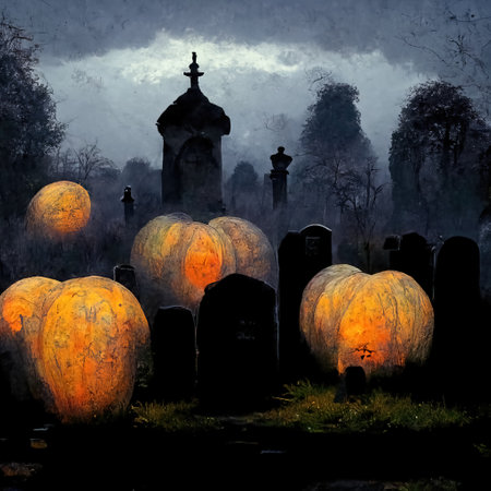 Pumpkins in the graveyard, spooky night, 3d Illustrationの素材