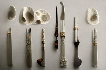 Cutlery set sculpture, baroque style marble, 3d Illustrationの素材