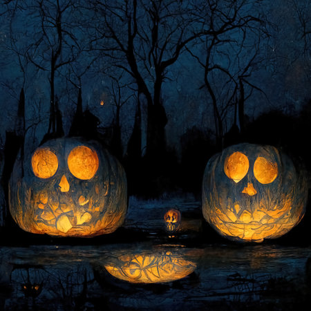 Pumpkins in the graveyard, spooky night, 3d Illustrationの素材
