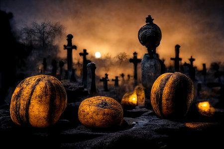 Pumpkins in the graveyard, spooky night, 3d Illustrationの素材