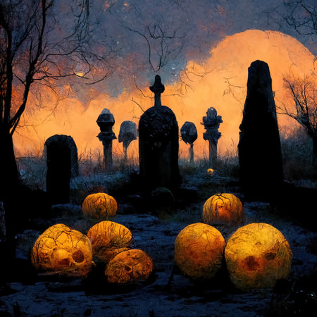 Pumpkins in the graveyard, spooky night, 3d Illustrationの素材