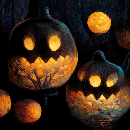 Pumpkins in the graveyard, spooky night, 3d Illustrationの素材