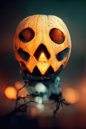 Pumpkins in the graveyard, spooky night, 3d Illustrationの素材