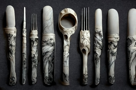 Cutlery set sculpture, baroque style marble, 3d Illustrationの素材