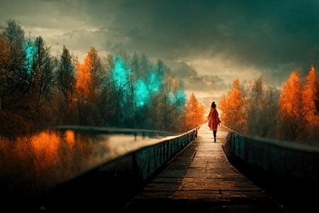 Cinematic scenery view, teal and orange path, 3d Illustrationの素材