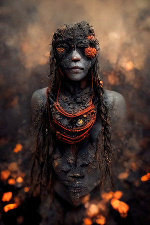 Tribal woman with face mask covered with mud, 3d Illustrationの素材
