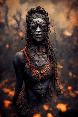 Tribal woman with face mask covered with mud, 3d Illustrationの素材