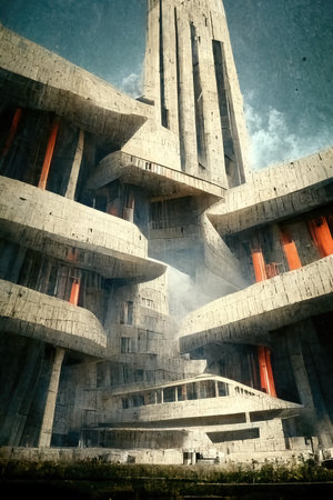 Brutalism architecture view, digital art, 3d illustrationの素材