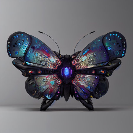 Digital art of mechanical butterfly with amazing colors, 3d renderの素材