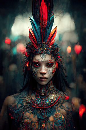 3d illustration of aztec woman warrior with crown of feathersの素材