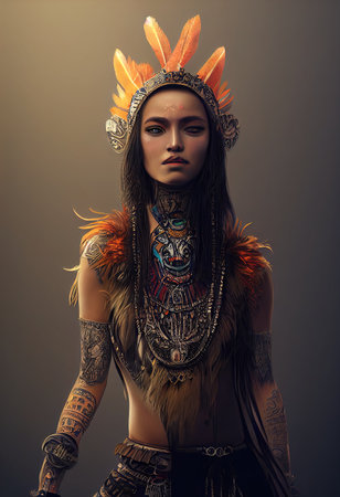 3d illustration of aztec woman warrior with crown of feathersの素材