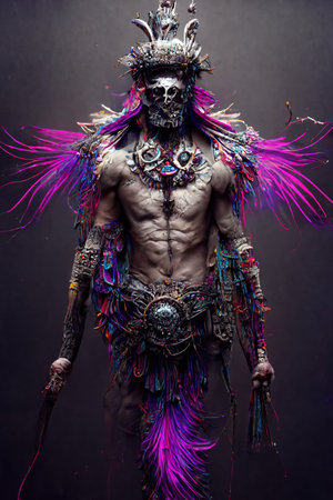 3d illustration of aztec man warrior with crown of feathersの素材