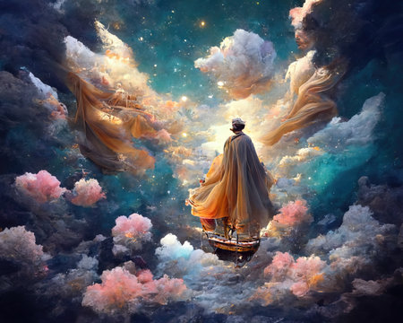 Digital art of magician with cowl in a boat, 3d illustrationの素材