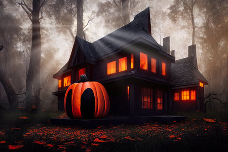 Black and orange house with Halloween theme, 3d renderの素材