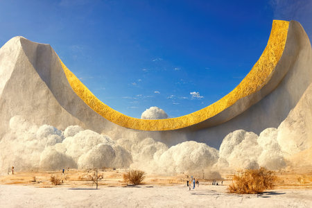 Surreal desert landscape with yellow arch and white clouds, 3d illustrationの素材