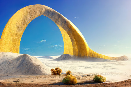 Surreal desert landscape with yellow arch and white clouds, 3d illustrationの素材