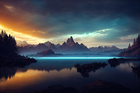 Breathtaking nature mountain landscape, 3d illustrationの素材
