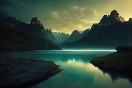 Breathtaking nature mountain landscape, 3d illustrationの素材