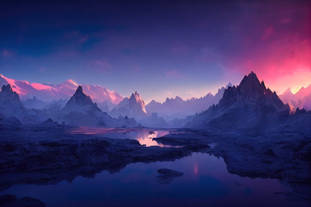 Breathtaking nature mountain landscape, 3d illustrationの素材
