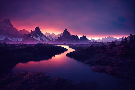 Breathtaking nature mountain landscape, 3d illustrationの素材