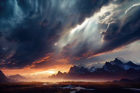 Breathtaking nature mountain landscape, 3d illustrationの素材