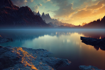 Breathtaking nature mountain landscape, 3d illustrationの素材