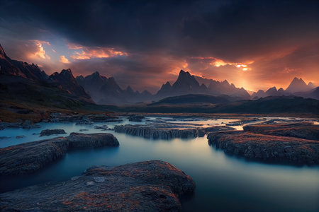 Breathtaking nature mountain landscape, 3d illustrationの素材