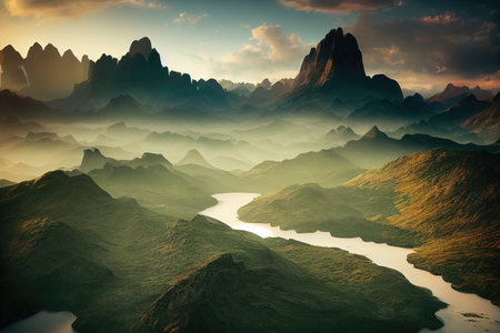 Breathtaking nature mountain landscape, 3d illustrationの素材