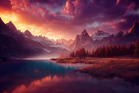 Breathtaking nature mountain landscape, 3d illustrationの素材