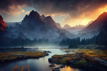 Breathtaking nature mountain landscape, 3d illustrationの素材