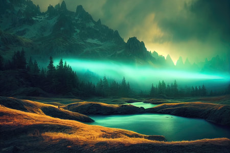 Breathtaking nature mountain landscape, 3d illustrationの素材
