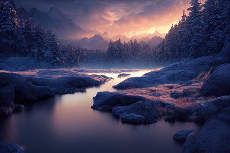 Breathtaking nature mountain landscape, 3d illustrationの素材