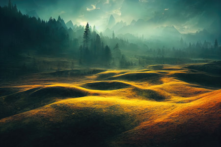 Breathtaking nature mountain landscape, 3d illustrationの素材