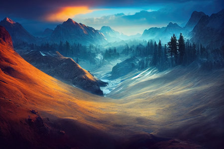 Breathtaking nature mountain landscape, 3d illustrationの素材