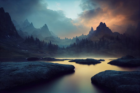 Breathtaking nature mountain landscape, 3d illustrationの素材