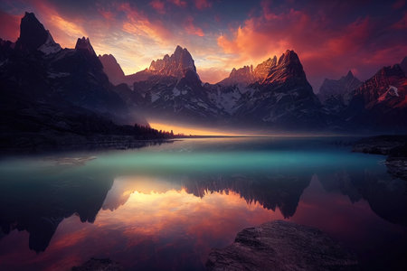 Breathtaking nature mountain landscape, 3d illustrationの素材