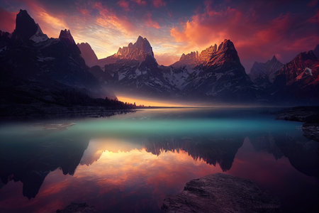Breathtaking nature mountain landscape, 3d illustrationの素材