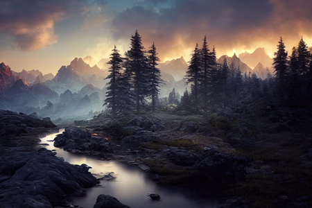 Breathtaking nature mountain landscape, 3d illustrationの素材