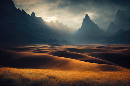 Breathtaking nature mountain landscape, 3d illustrationの素材