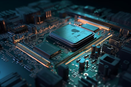 Macro view of a futuristic electronic circuit, Generative AI, illustrationの素材