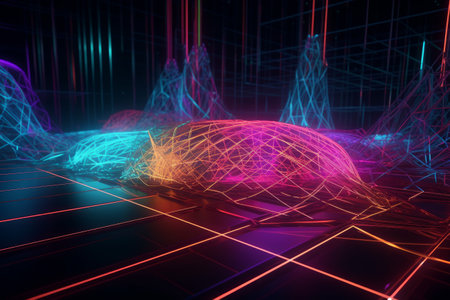 Glowing lines neon lights abstract psychedelic background. illustration, Generative aiの素材