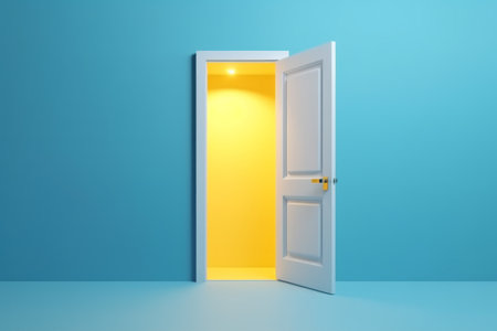 3d render yellow light inside the open door isolated on blue background, Generative Ai, illustrationの素材