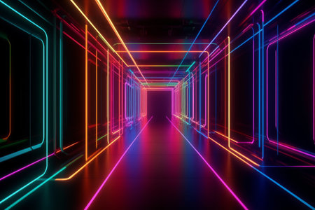 Glowing lines neon lights abstract psychedelic background. illustration, Generative aiの素材