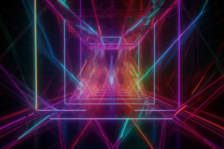 Glowing lines neon lights abstract psychedelic background. illustration, Generative aiの素材