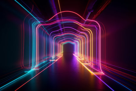 Glowing lines neon lights abstract psychedelic background. illustration, Generative aiの素材